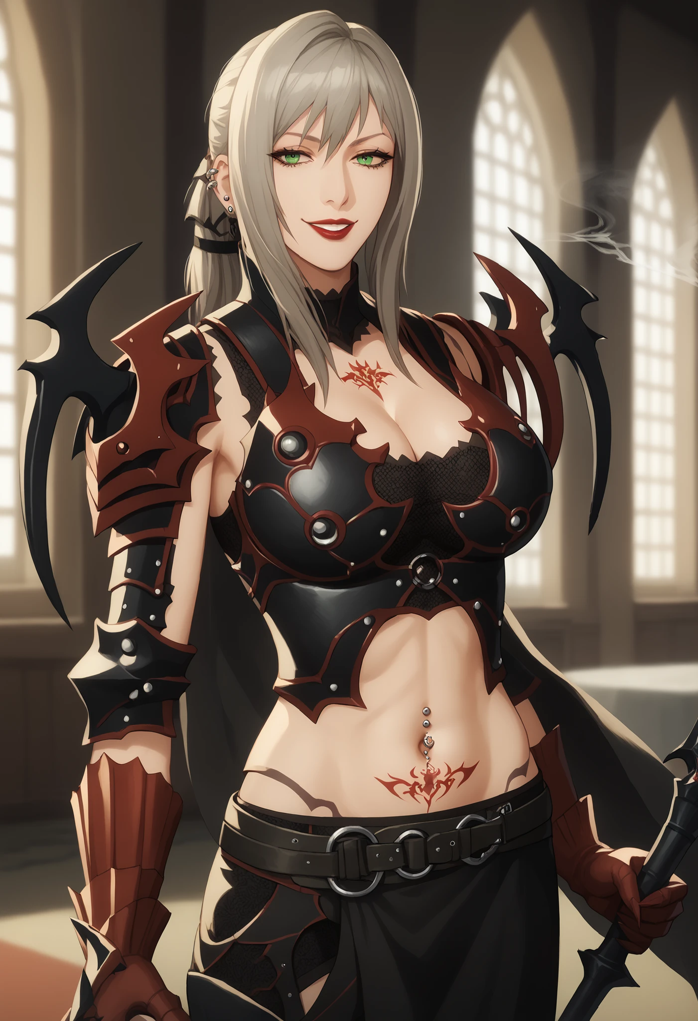 score_9, score_8_up, score_7_up, score_6_up, realistic,
A girl is standing, cowboy shot, cowboy shot, holding lance, holding, lance, 5 fingers,
Aranea Highwind, 1girl, mature female, solo,
looking at viewer, parted lips,
grey hair, long hair, ponytail, hair tie, green eyes,
armor, shoulder armor, gauntlets, breastplate, greaves, belt, white waist cape, ear piercing, long hair, lipstick,Hot girl, baddie, smoking, sensual, attractive
large breasts, evil smile , smile , (nsfw) not safe for work , navel , evil expression , exposed belly , exposed navel , exposed midriff , exposed lower belly , , cleavage,
, castle,inside castle, navel piercing , dragon tattoo , narrowed eyes ,waist tattoo , anipai_style , anime screencap , anime coloring,