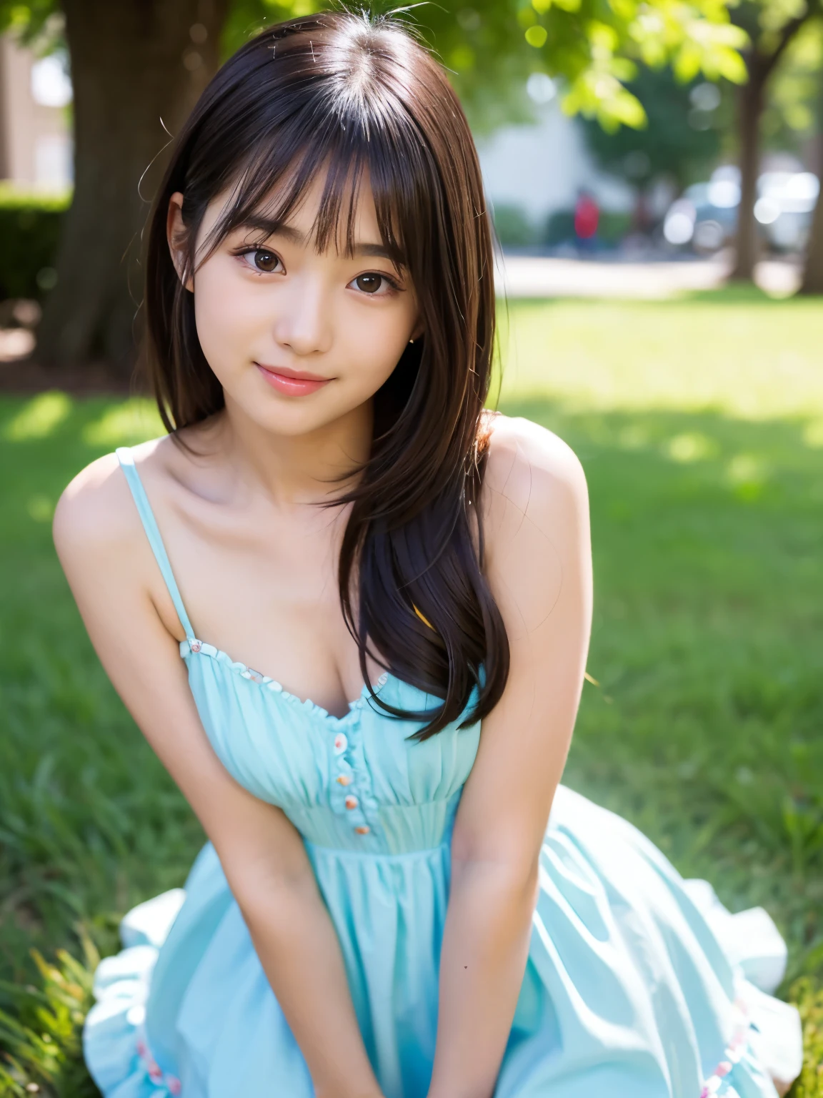 (Highest quality, 32K, High resolution, masterpiece:1.5), Beautiful Japanese Girl, Very beautiful face, Full Body Shot, Perfect Human Anatomy, Shiny black hair, Beautiful super long straight silk hair, Asymmetrical long bangs, Hair between the eyes, Magic big eye, Beautifully trimmed thin eyebrows, Smooth and soft white skin, Pale pink lips, Natural Makeup, Cheek gloss highlighter, Small Face Beauty, The best smile, ((blue frill dress:1.2)), Perfect collarbone, High resolutionの美しい胸, Slender body and large bust, High resolutionの美しい太もも, Beautiful legs, ((On the hill in spring)), Sitting on a green meadow, ((Absolute area:1.3)), Dazzling sunlight, blue sky, White cloud, Professional Lighting, Professional Photographer, Professional Model