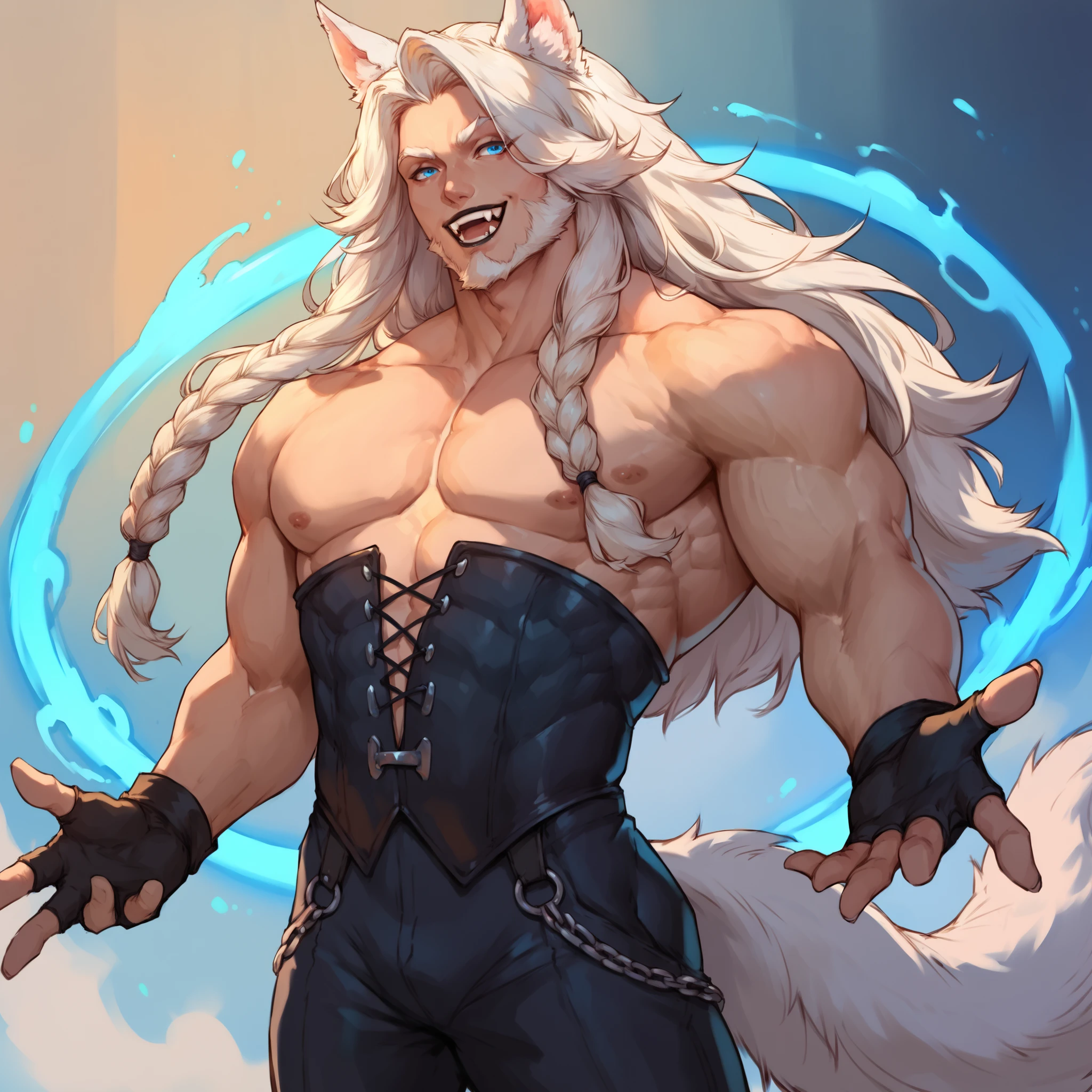 Young man, white skin, strong muscles, wolf ears.