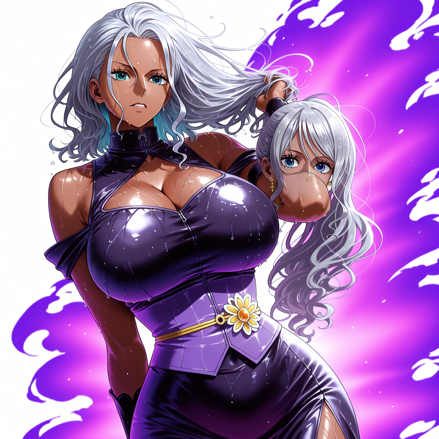 score_9, score_8_up,score_7_up, source_anime, rating_questionable, 1girl, solo,EPpkNessa, blue eyes, black hair, blue hair, streaked hair, single hair bun, dark skin, dark-skinned female, large breasts, edgWraith, hooded cloak, armor, torn clothes, pale blue ,wearing edgWraith , black lips, black eyeshadow, black fingernails, black leather, night, alley, empty street, full moon, bat \(animal\), eldritch abomination, green energy, malevolent forces, evil necromancer, sinister, diabolical, nefarious, vicious, blood, blood splatter, blood stain, fangs, sharp teeth, grin, crazy eyes, crazy smile, monochrome, greyscale, manga, multiple views,