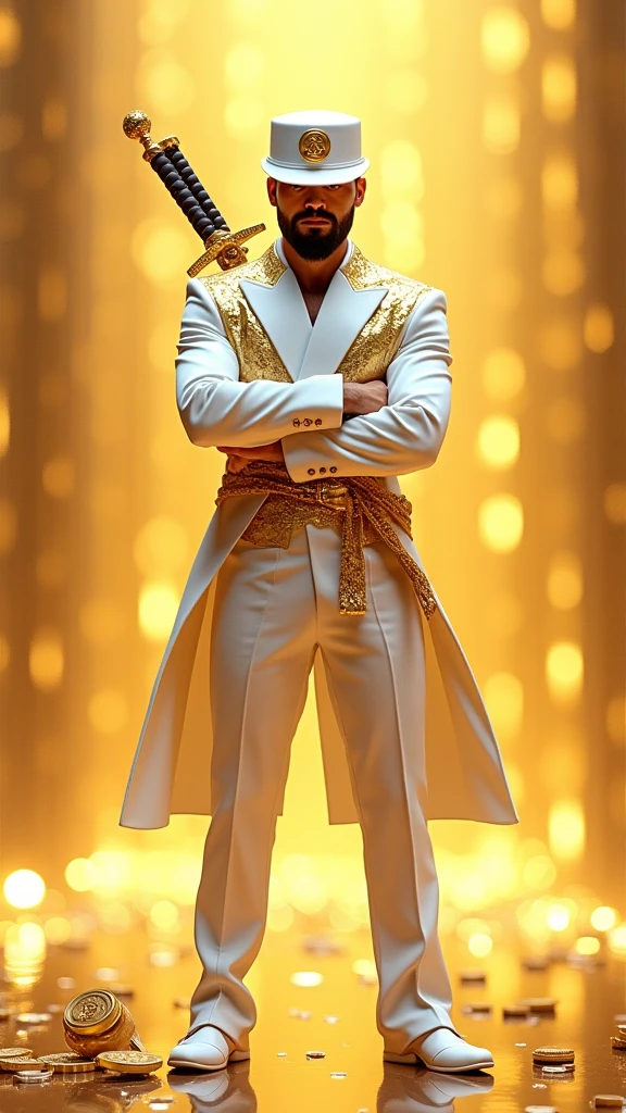 Afro male in a white Gothic outfit singing with the word Benin Boy boldly written on the Background