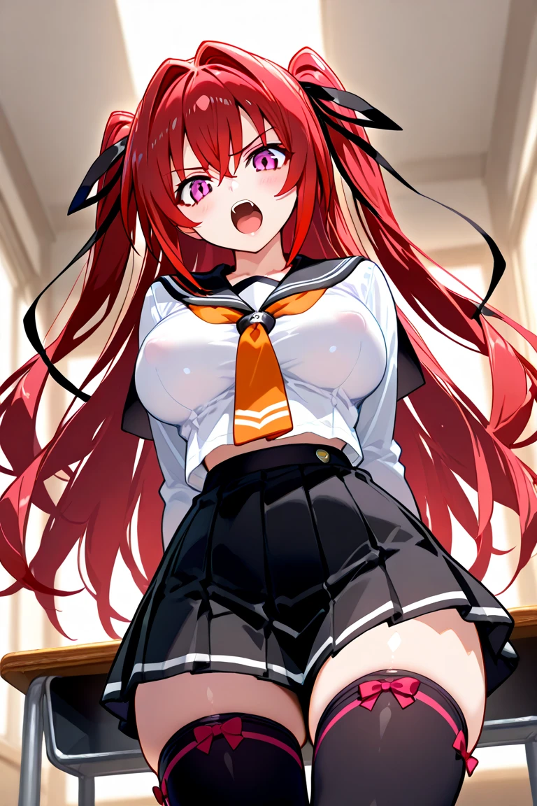 1girl, masterpiece, pov, back view, waist high, red hair, brown eyes, two side up, black ribbon, looking back, (table top), medium breasts, (large hip), (large butt), (hip close-up:1.5), red brown summer jacket, black shirt, argyle pattern miniskirt, (expoaing white pantie)