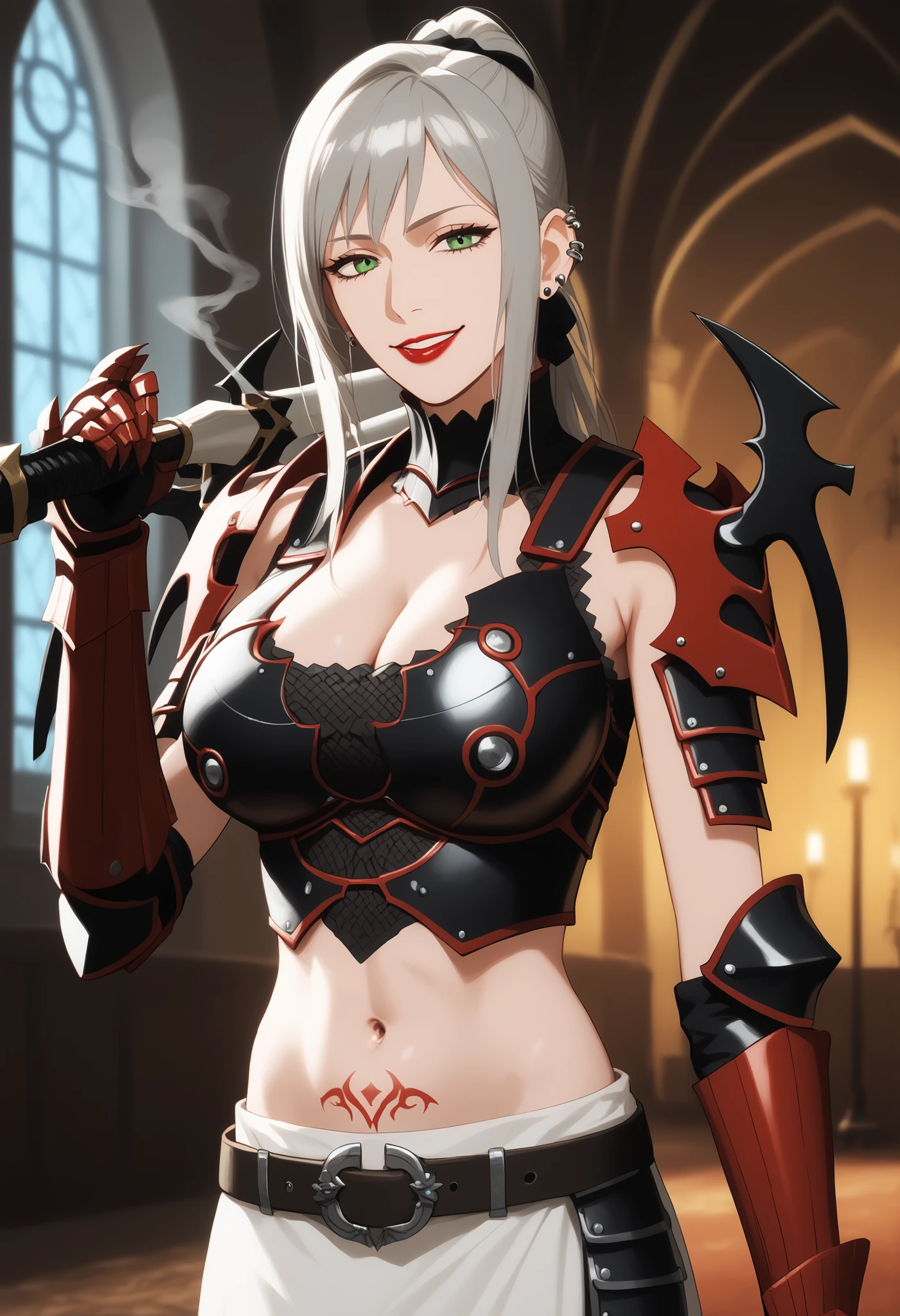 score_9, score_8_up, score_7_up, score_6_up, realistic,
A girl is standing, cowboy shot, cowboy shot, , holding lance, holding, lance, 5 fingers,
Aranea Highwind, 1girl, mature female, solo,
looking at viewer, , parted lips,
grey hair, long hair, ponytail, hair tie, green eyes,
armor, shoulder armor, gauntlets, breastplate, greaves, belt, white waist cape, ear piercing, long hair, , lipstick,Hot girl, baddie, smoking, sensual, attractive
large breasts, evil smile , smile , (nsfw) not safe for work , navel , evil expression , exposed belly , exposed navel , exposed midriff , exposed lower belly , , cleavage,
, castle,inside castle, , dragon tattoo , narrowed eyes ,waist tattoo , anipai_style , anime screencap , anime coloring,
