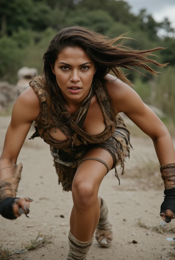 Masterpiece, 40 year old woman, brown hair, fur bikini, holding a spear and wooden shield, wet skin, fit, standing in a field of destroyed robots and machine parts, realistic 