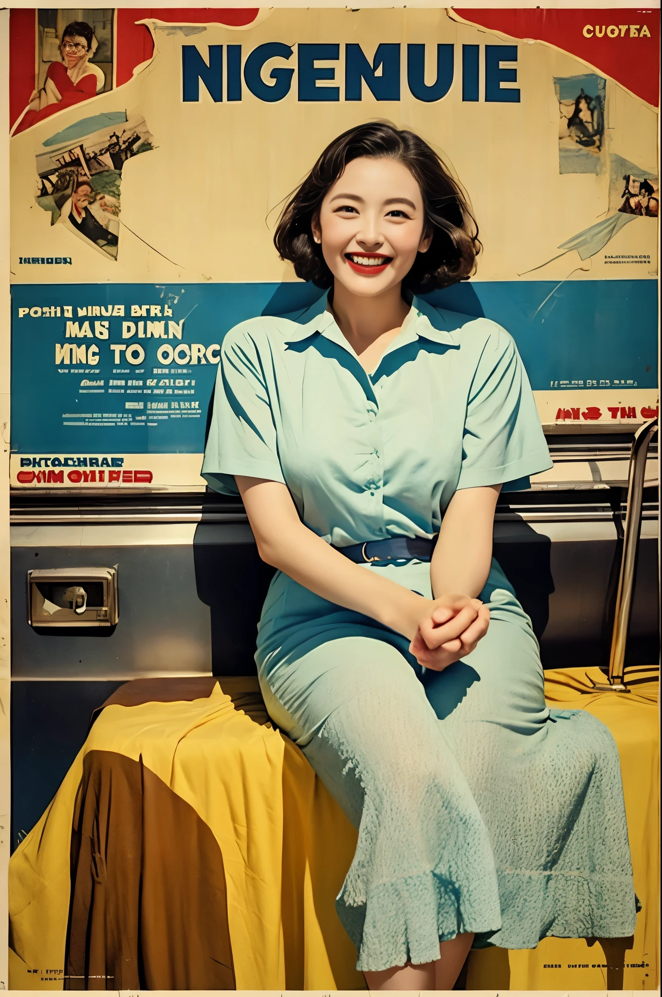 mature attractive woman、chubby、is big 、transparent nightgown、((vintage poster))、1950s、Dishes、smile、bedroom、masterpiece、top quality