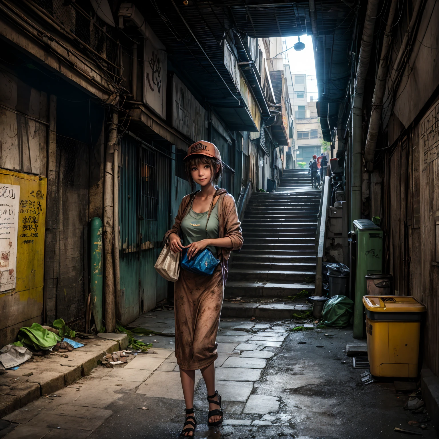 (( masterpiece 、 top quality 、 Official Art 、 Unity 8  ｋ wallpaper))、 (((workers on the way home from work、Poor girl 、Detailed Faces、smile)))、( Unsanitary Poverty Alley、  poor environment、dim shopping mall、dirty立ち飲み屋、On-the-road sales、 rusty vending machine、 Showa Retro:1.2)、(dirty、Bulky trash、Stairs to the basement、Mysterious Underpass )