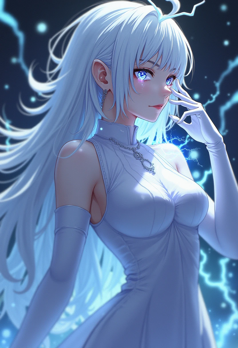 , big chest, feminine, white skin, white eyes, black sclera, ahoge, absurdly long hair, white hair, white gloves, hair over eyes, (Genshin), hair between eyes, (white jacket:1.1), Electric, energetic, mystical, playful, cute, dangerous, godlike, cute,from above,high angle,from side, mystical one eye activates ability.Energy leaking from eyes. . Contrast with white glowing mystic eyes. hand over eye,Glowing white and black. Edge-lit,Stylish pose. Fighting. Arched back. One suspiciously glowing mystic eye.  combat stance.,Dynamic composition, mystical glow. Fingerless gloves.jojo pose,(masterpiece, detailed:1.2),hand,xss,Fantasy_eyes