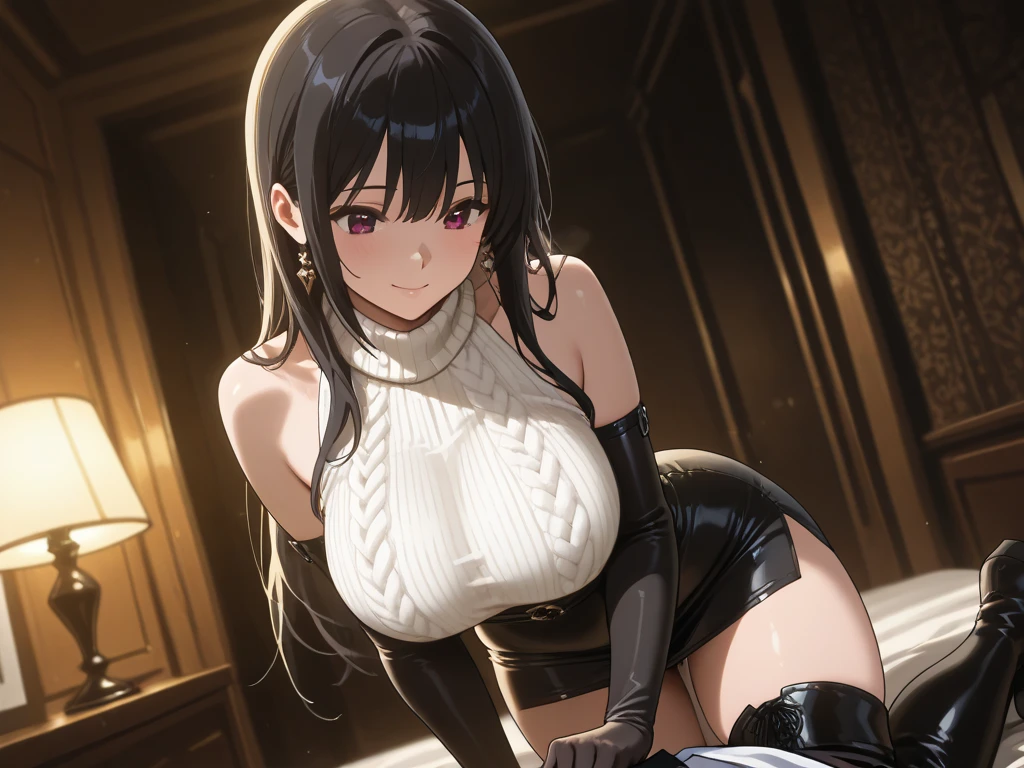 long_hair, breast, blue_Eye, purple_hair, best quality, Ultra-high resolution, (masterpiece:1.2), best quality, Game CG, high_detailed,extremely_detailed_CG_Unite_8k_wallpaper,illustration,high resolution,absurd, 1 Girl, (superior_Body:1.5), (Mature female), (milf), Beautiful long legs,Beautiful Body,beautiful nose,Beautiful character design, perfect Eye, Perfect face, black_cheongsam, (Smile:0.8),