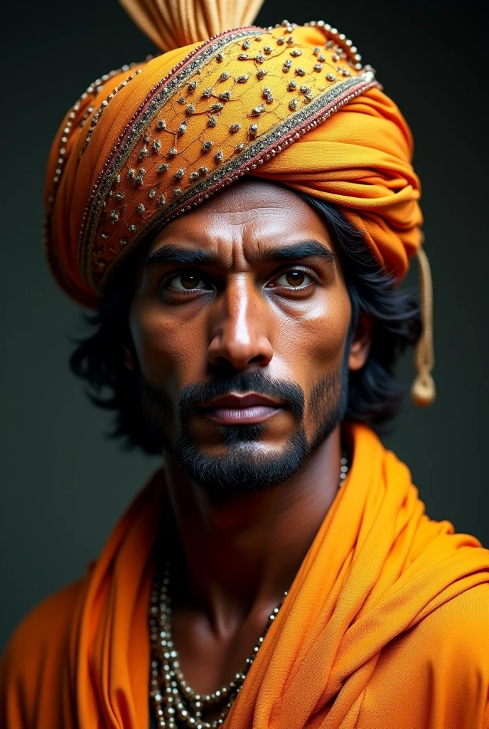  "Generate a photorealistic portrait of Pushyamitra Shunga, the ancient founder of the Shunga dynasty. He should have a dignified, stern expression with strong, defined features—a prominent nose, high cheekbones, and intense, almond-shaped eyes. His hair should be medium-length and neatly tied back, with a subtle, well-groomed beard or mustache. He wears a richly embroidered turban or crown adorned with motifs reminiscent of ancient Indian art (such as fig leaves), and his attire is that of a royal Brahmin-king with detailed, textured robes. The lighting should be dramatic (rembrandt style) to enhance the sense of authority and ancient gravitas, with a natural, medium-to-dark North Indian complexion."