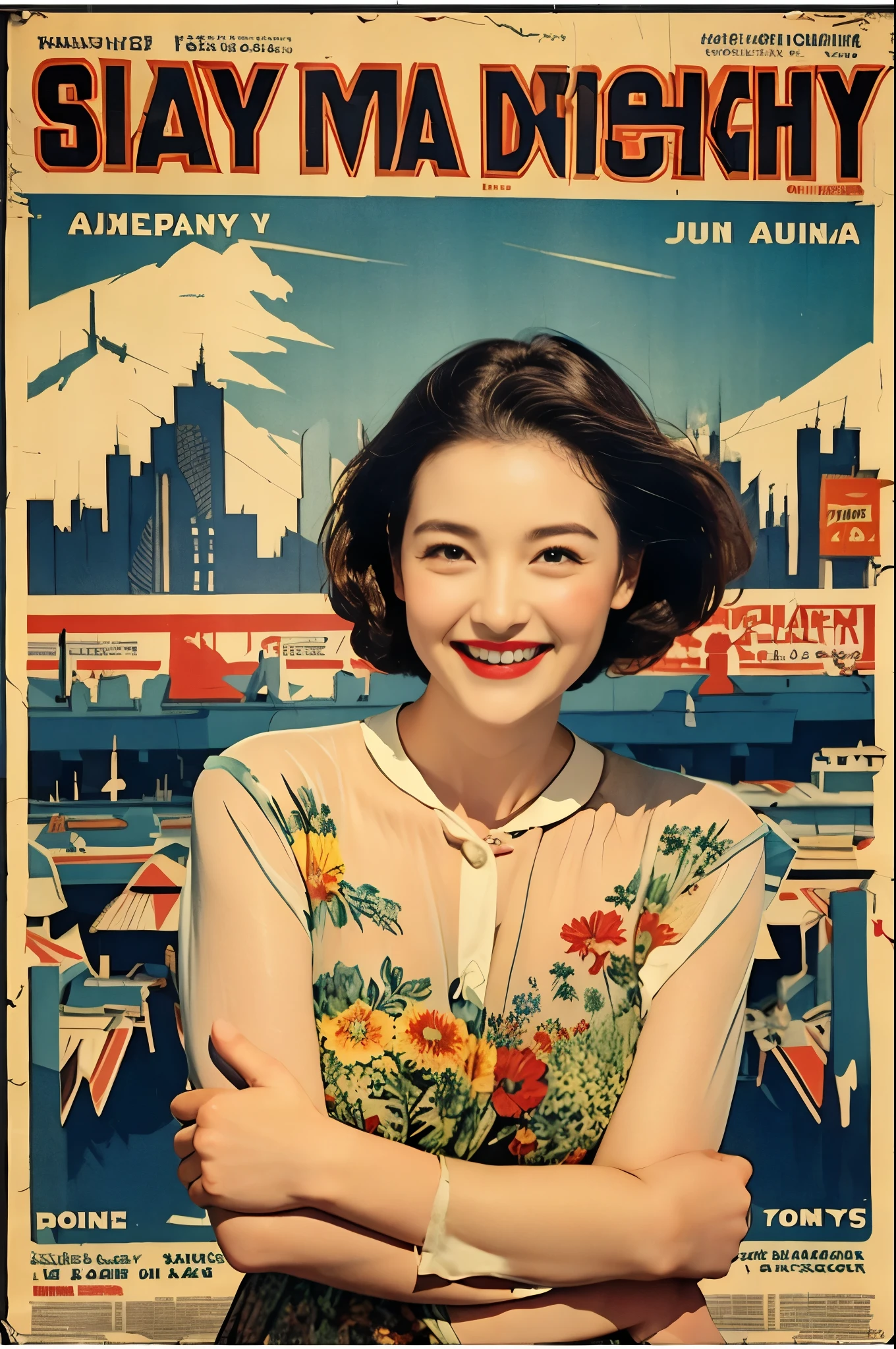 mature attractive woman、chubby、is big 、transparent nightgown、((vintage poster))、1950s、Dishes、smile、bedroom、masterpiece、top quality