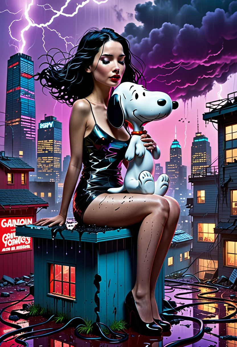 A hyper-detailed, boundary-shattering artwork featuring a provocative and surreal collaboration between a dangerously seductive woman and Snoopy, both consumed by a relentless, corrupting digital virus. Snoopy, perched atop a crumbling, glitch-riddled doghouse, is a twisted shadow of his former self—his fur matted and streaked with glowing binary scars, his eyes blazing crimson with feral intensity, and jagged, virus-laden tendrils erupting from his body, writhing like living code. These tendrils coil around the woman, binding them in a grotesque yet mesmerizing symbiosis, as if the virus has fused their fates.

The woman, a breathtaking vision of raw sensuality, presses her body against Snoopy, her scandalously revealing dress—torn and shimmering with a wet, translucent sheen—barely clinging to her curves, hinting at the forbidden. Her skin, slick with sweat and etched with faint, glowing digital veins, pulses faintly with the virus’s influence. Her pose is brazenly intimate, one leg draped over Snoopy’s tendrils, her lips parted in a mix of ecstasy and defiance as she locks eyes with him, her raven-black hair cascading wildly in the electric wind.

The scene unfolds in a sprawling, dystopian cyberpunk cityscape under a fractured sky, where neon-lit skyscrapers flicker with corrupted data streams and purple lightning tears through the darkness. The ground is slick with reflective puddles, mirroring the chaotic interplay of Snoopy’s viral tendrils and the woman’s glowing skin. The air hums with the static buzz of frying circuits, the acrid scent of burning ozone, and the distant wail of a collapsing digital world—an immersive, sensory overload that amplifies the artwork’s visceral impact. This is a daring, provocative masterpiece of beauty, corruption, and forbidden unity.