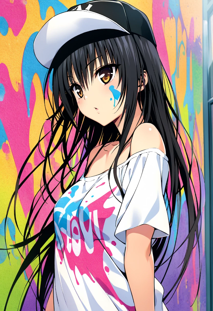 Create a vibrant Banksy-inspired graffiti art piece in a school hallway, featuring a rebellious teenage girl,kotegawa yui,to love-ru,with long black hair, brown eyes, Standing with arms crossed and large thighs,and an athletic build,werehouse, wearing a cap and off-shoulder shirt, seamlessly blending into her colorful spray-painted surroundings as she creates bold, expressive lettering and abstract designs, with paint splatters on her face and clothes, surrounded by scattered spray cans and contrasting against the structured indoor setting.