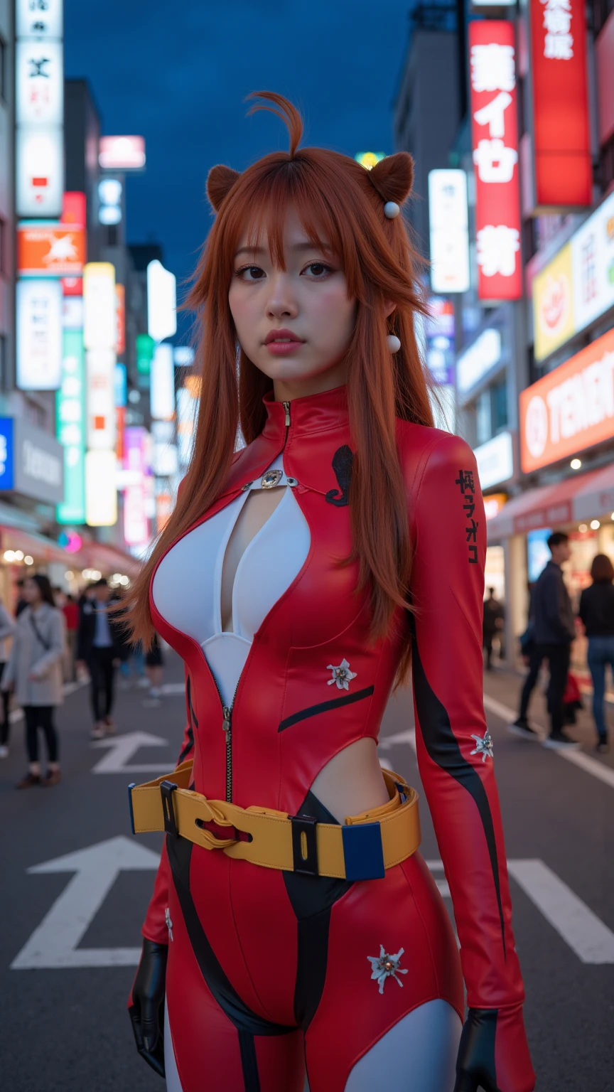 (best quality), high resolution, portrait of Asuka Langley Soryu, Beautiful Pretty Mixed German Teenage, (Beautiful face), sexy kissing lips, , alluring gaze, Red plugsuit, Asuka Suit, Auburn Twin Tails Ribbon Red Long Hair, (front view:1.5),(Full shot:1.2),(looking at viewer), intense gaze, dark blue detailed beautiful eyes, flirty face, (dynamic pose), combine realism and anime influence, Spacr Station
