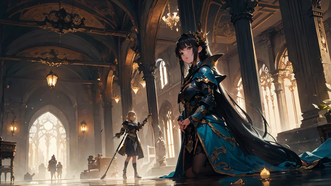 reasonable design,  clear line, High Sharpness, (top quality,8k,perfect sharpness, Super Fine,high resolution,masterpiece:1.2), perfect anatomy:1.5, Official Art,  illustration that tells a story ,  Body Positive 、（Random active poses）、 perfect beauty 、perfect beautiful face、Strong winds、rich expression、dynamic composition、nostalgic look、Golden ratio composition、colorful、（( Mr..々Different angles and perspectives)）、anime art、( female knight)、（Overcoming stereotypes）、 glowing skin、smile、bungs、（soft flowing hair）、（nostalgic）、stand up、（bright color）、Beautiful Eyes、(is embarrassing)、side angle to clean the inside of the boat、An unbelievable sight、1 girl, Kenjutsu no Tensai、 Gold、Wide Angle Shot, 