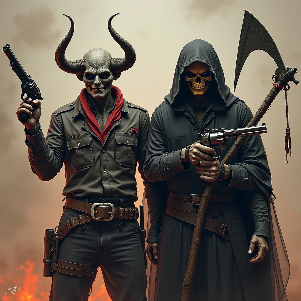 2 Handsome Men with Beards, tattooed. black and red cape. White pants and shirt, walking stick, trident, cemetery, lit candles, fire, black magic book, levitating, black goat,