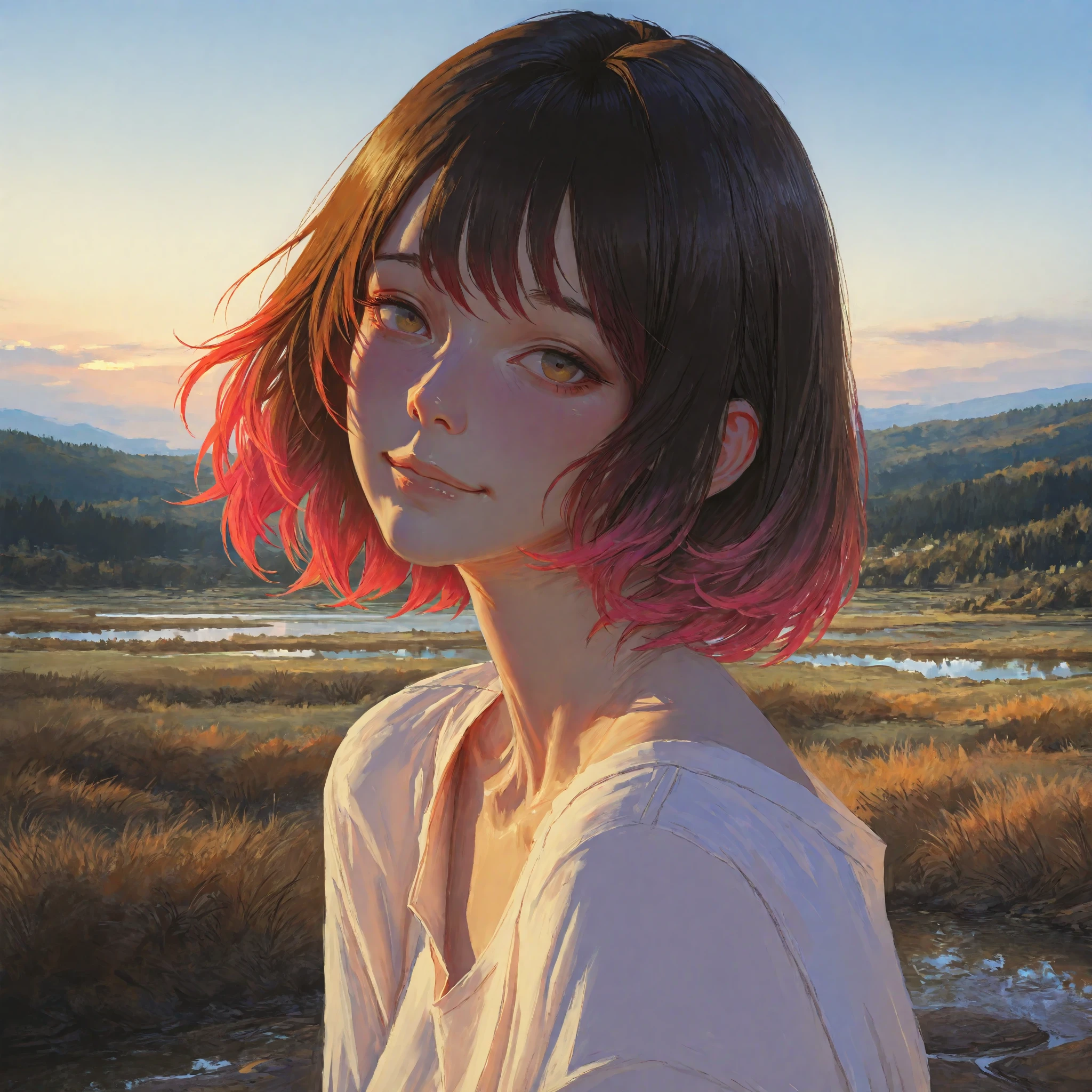 Men who are increasingly turning into women, Realistic facial expressions, graceful posture, delicate skin, Soft smile, secluded natural landscape, Sky light reflection, soft lighting, Realistic oil painting style, Fine Details, high res, HDR, vibrant colors, Adult woman with soft tone, Clothes also changed, nsfw subtitles