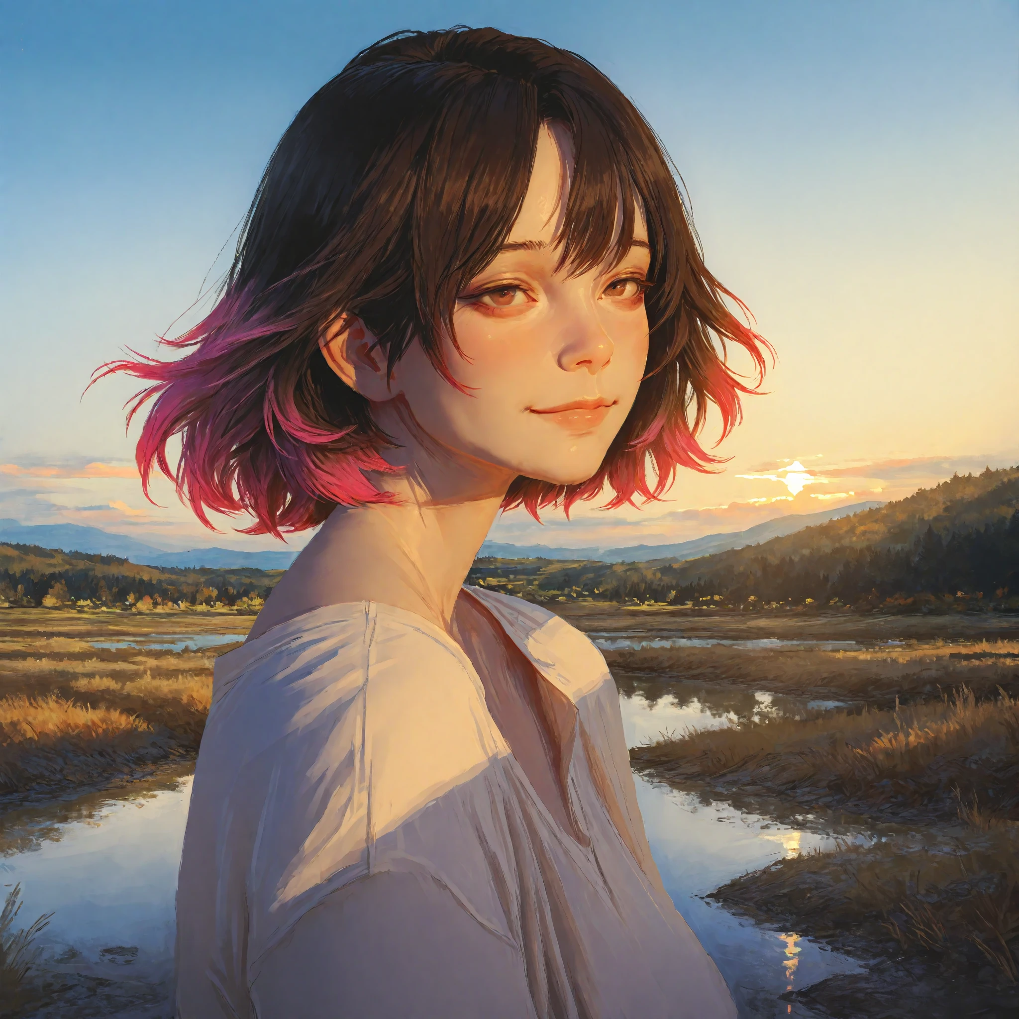 Men who are increasingly turning into women, Realistic  expressions, graceful posture, delicate skin, Soft smile, secluded natural landscape, Sky light reflection, soft lighting, Realistic oil painting style, Fine Details, high res, HDR, vibrant colors, Adult woman with soft tone, Clothes also changed,  subtitles