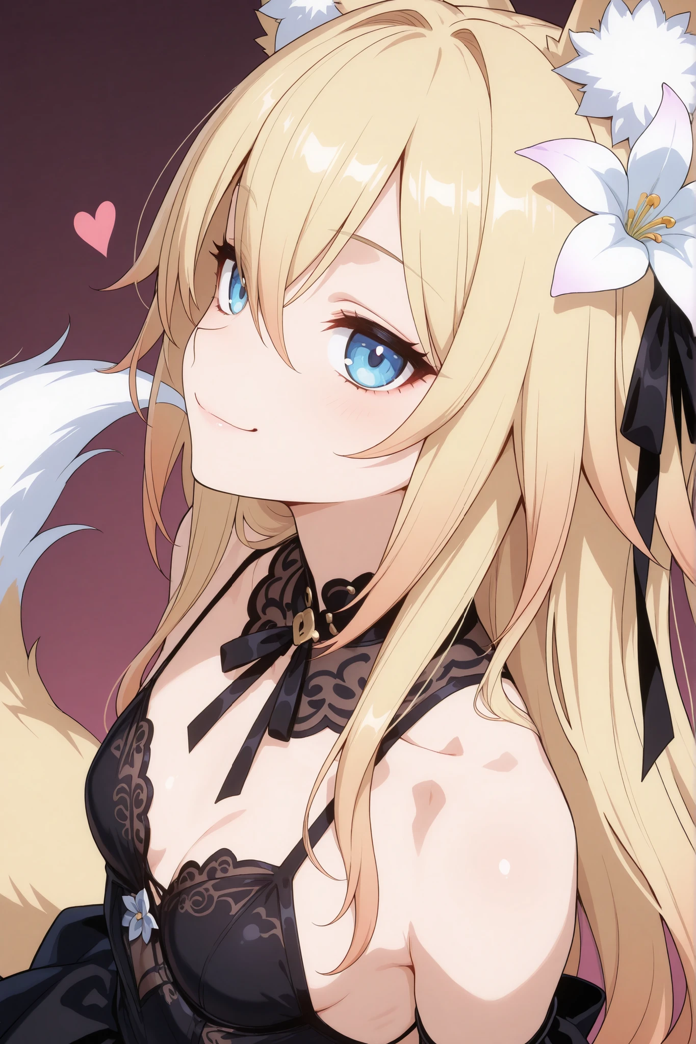Fox girl, light-blonde, Renard, Fox tail, collar, Beautiful, (Blue Eyes with pink), single Purple strand of hair, Long Hair, Eyes with purple shade, small breasts, garter, black lace dress, cheeky, hair ribbon, white lily on hair, alluring, close up face focus, teasing, sexy smile, profile picture, playful, from above angle, playful, sexy, cunning, sly