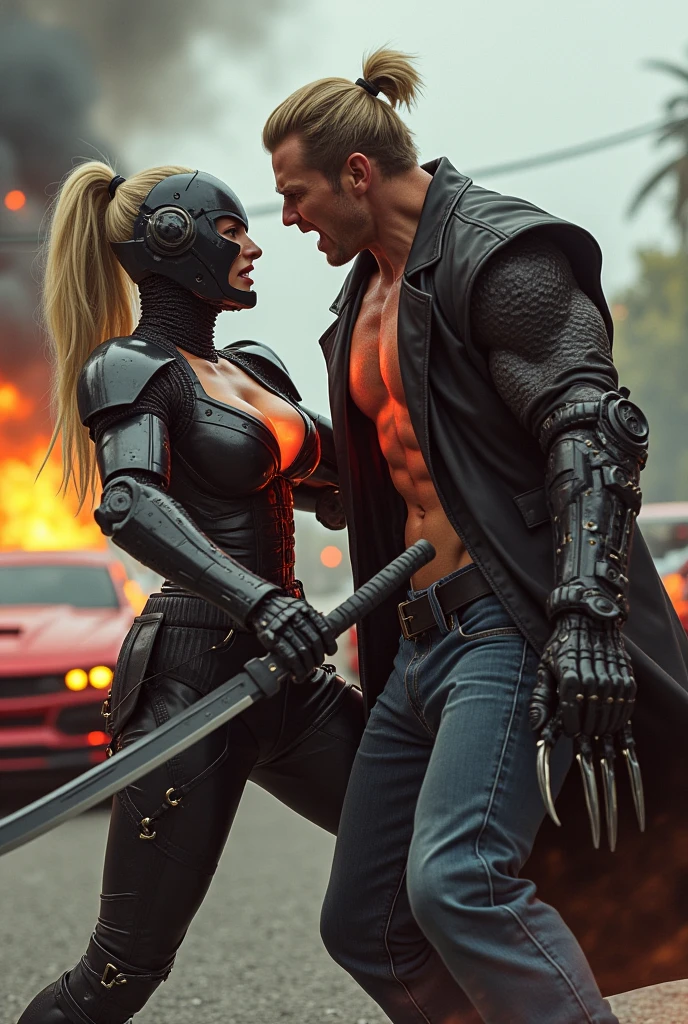 A muscular and sensual young wild afro black werewolf, with bright red eyes, all bald and with a goatee wearing a leather jacket, standing with a big old giant classic super motorcycle through a small town in the interior of the country at night with an evil entity watching among the stars and with a young beautiful blonde woman in a sexy uniformed police officer standing next to him very well armed with a mischievous smile right next to him.