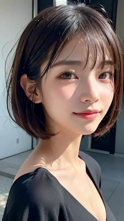​masterpiece、top-quality、超A high resolution、(photographrealistic:1.4)、((1girl in、White fair skin:1.4、age19、spotless、cute little、A dark-haired、bobhair_cut、shorth hair、small tits:1.6))(Casual wear)(portrait of japanese famous actress)、(A smile、Happiness、Joy、jolly、closes mouth)、、High detailed eyes、long neck、bangss、Lashes、Big eyes、In the street、Casual wear