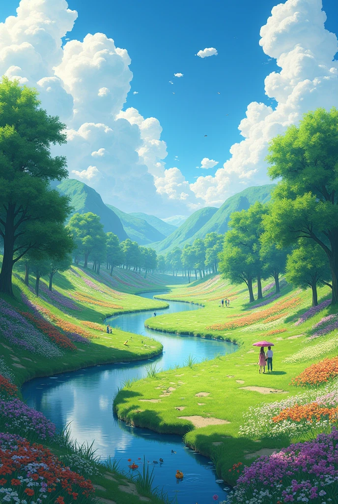 It makes a beautiful landscape with clouds, flowers of many colors, a beautiful green grass, that has a river with ducks and birds that has people, Ghlibi style