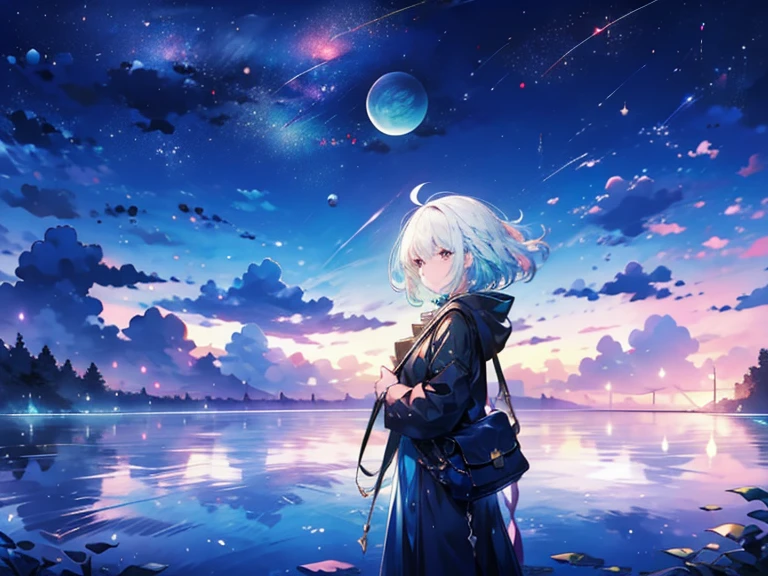 masterpiece, high res, milky_way, night, night_sky, shooting_star, sky, star_\(sky\), starry_sky, space, galaxy, constellation, boat, reflection, multiple girls, small,