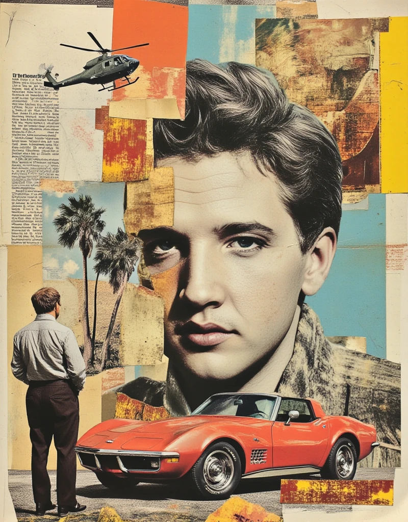 Masterpiece, high resolution, ultra sharp, vintage collage, authentic newspaper scraps, handsome elvis presley close up with a gun prominant on top of poster, (einstein standing near the car), movie poster cinematic, surreal, palm trees, there is a 69 corvette, pastel color, an army helicopter, set up an aesthetic collage, ian fleming inspired, atomic explision, black and white mixed with color, add dollars flying around, dice, showgirls in costume