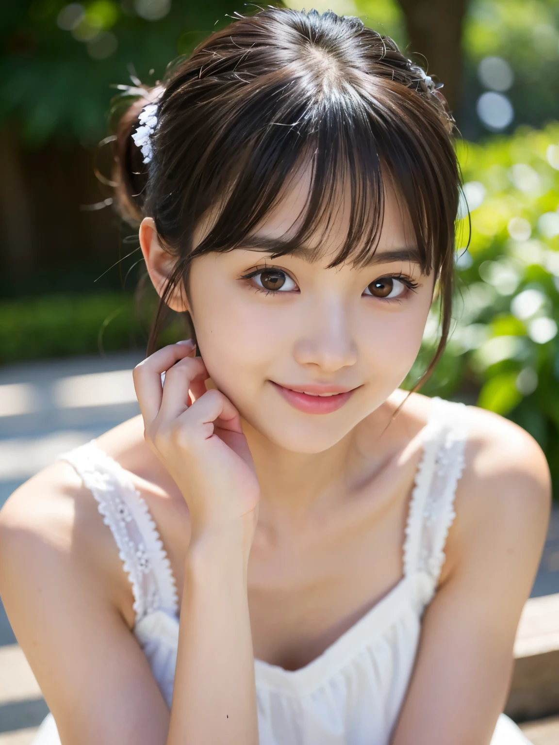 incredibly absurd, beautiful and cute 20-year-old Korean girl with a photorealistic face, showcasing top-quality craftsmanship. Her slender frame adorned with short, messy hair. The artwork high-resolution, allowing for ultra-detailed features to be captured flawlessly. The girl is wearing Christmas Costume. The focus lies on the realistic pupils, showcasing depth and emotion. ((breasts out)) cute smile.