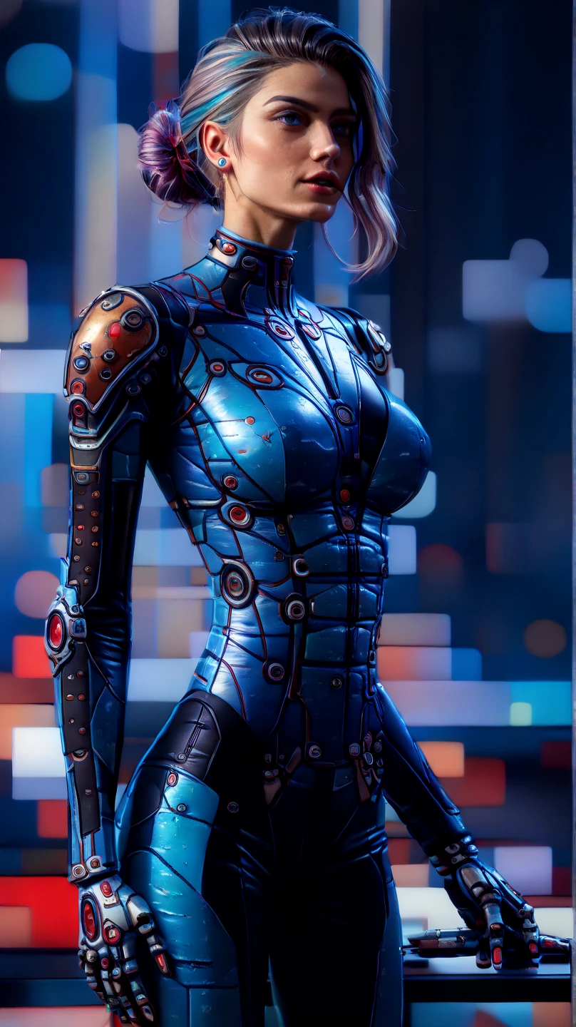 kate, Short black hair with blue highlights, gazing at viewer, blue colored eyes, perfectbody, ((view from bottom to top)), ), sensual and provocative, in a low-cut black bikini and blue jacket, ((standing backwards, looking at the camera, showing the ass ))crazy dog illustration., voltar looking at the camera, , hyperrealisti, revealing strappy bodysuit. Digital coloring, high-heels, beautiful young female model, short hair with side bangs covering under the eyes, , tight dark top + tight shorts, long tops, highy detailed, best qualityer, full - length portrait, details Intricate, artistry, Depth of field , biggest breasts, sensuous, permissive, 1 person, decorations, skin fair, glamour, cyber punk, 8k Ultra HD, Off The Shoulder, leather jacket, Symmetrical, , cyberpunk city background , hyperrealisti, nightlife
