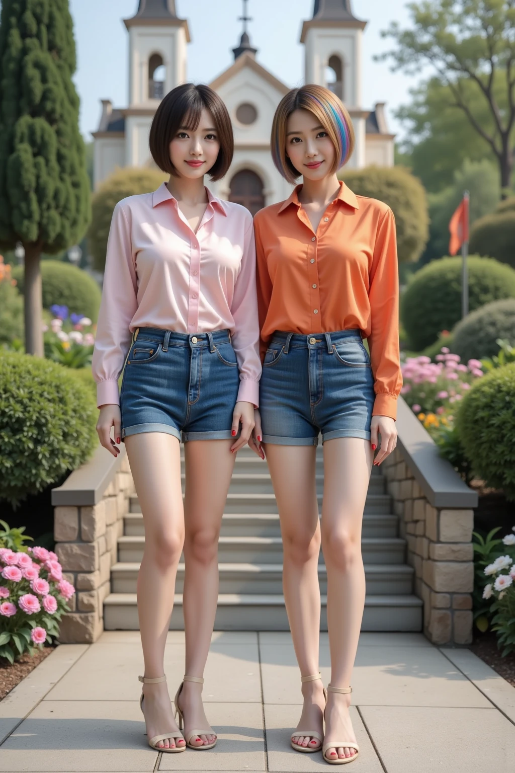 (RAW photogr,超高分辨率,tmasterpiece,best qualtiy:1.4),Complicated details,2 20 year old Korean girls,Wear a loose black T-shirt and skinny jeans,Stand on the grass and take pictures,hugs,Intimate relationships,Detailed meadow,A sweet smile on a small face,The face and skin are pink and fair,Ultra-realistic facial details,Playful and coquettish pose,The calves are straight and slender:1.5,Wear high-end branded colorful travel shoes:1.5,eventide,warm color,Broad lighting,naturalshadow,taking a full body photo:1.8