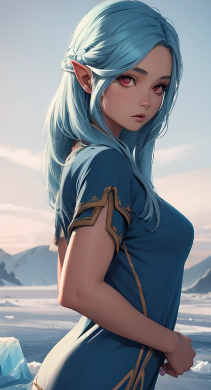 Extremely realistic shading, masterpiece, extremely detailed, photorealistic, young Hylian woman, long icy blue hair, red eyes, slutty tunic, looking at viewer, 