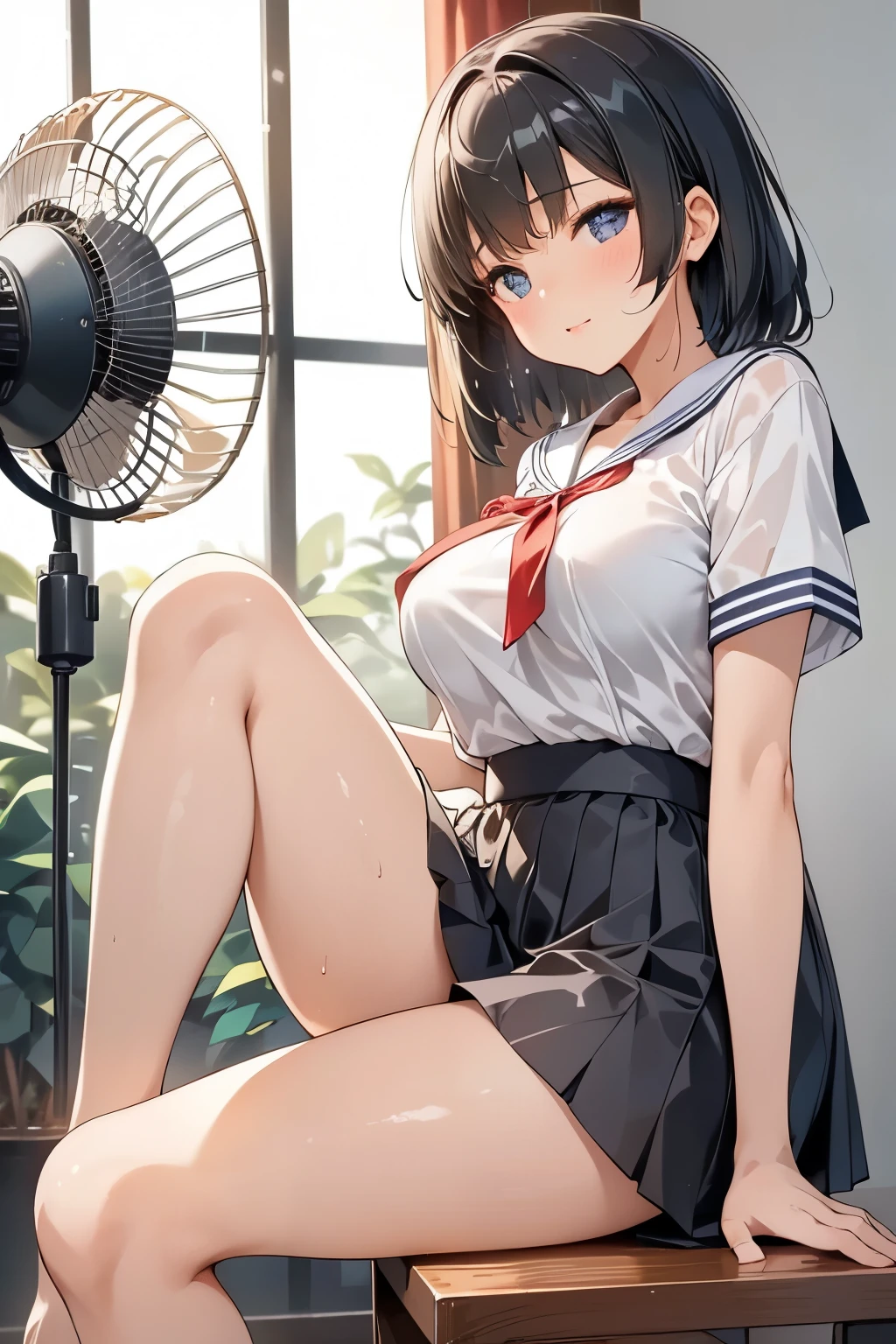 The vibrant colored pencil illustration、This depicts a younger sister standing in front of a retro Showa-era electric fan. The scene is viewed from the side, The fan is pointed in front of the girl, The background is a blank canvas to highlight their interaction. The fan is about her waist , The retro metal body has thin blades that spin at high speed. By adjusting the angle、It can blow a continuous stream of air towards her bare legs and abdomen。, A breath of fresh air on a hot summer day.
The girl is playful, A mischievous smile brightens her face, Her lips are slightly raised、girl with her eyes wide open, Energetic and excited. Sweat is running down her face and neck, Evidence of the heatwave, Her short black hair is blowing in the wind. She is wearing a typical sailor uniform with a white blouse and a black pleated skirt, She holds the hem of the fan tightly with both hands, She lifts herself slightly so the wind can hit her stomach and thighs. Her feet are slightly apart, Bent knees, Giving her a relaxed posture. Her feet are firmly planted on the ground, toes point inward, She leans forward ever so slightly to feel more of the breeze.
The soft brushstrokes of colored pencil bring warmth and light to the scene, Subtle shading captures the details of her posture. The fan is carefully drawn with metallic shadows, She shows off her retro design. The soft sheen of sweat on her flushed cheeks and skin、It contrasts with the cool breeze that flips her skirt and blows against her body。. A gentle breeze gives her a sense of relief, Her posture and expression are beautifully captured as she surrenders herself to the fan's breeze。.