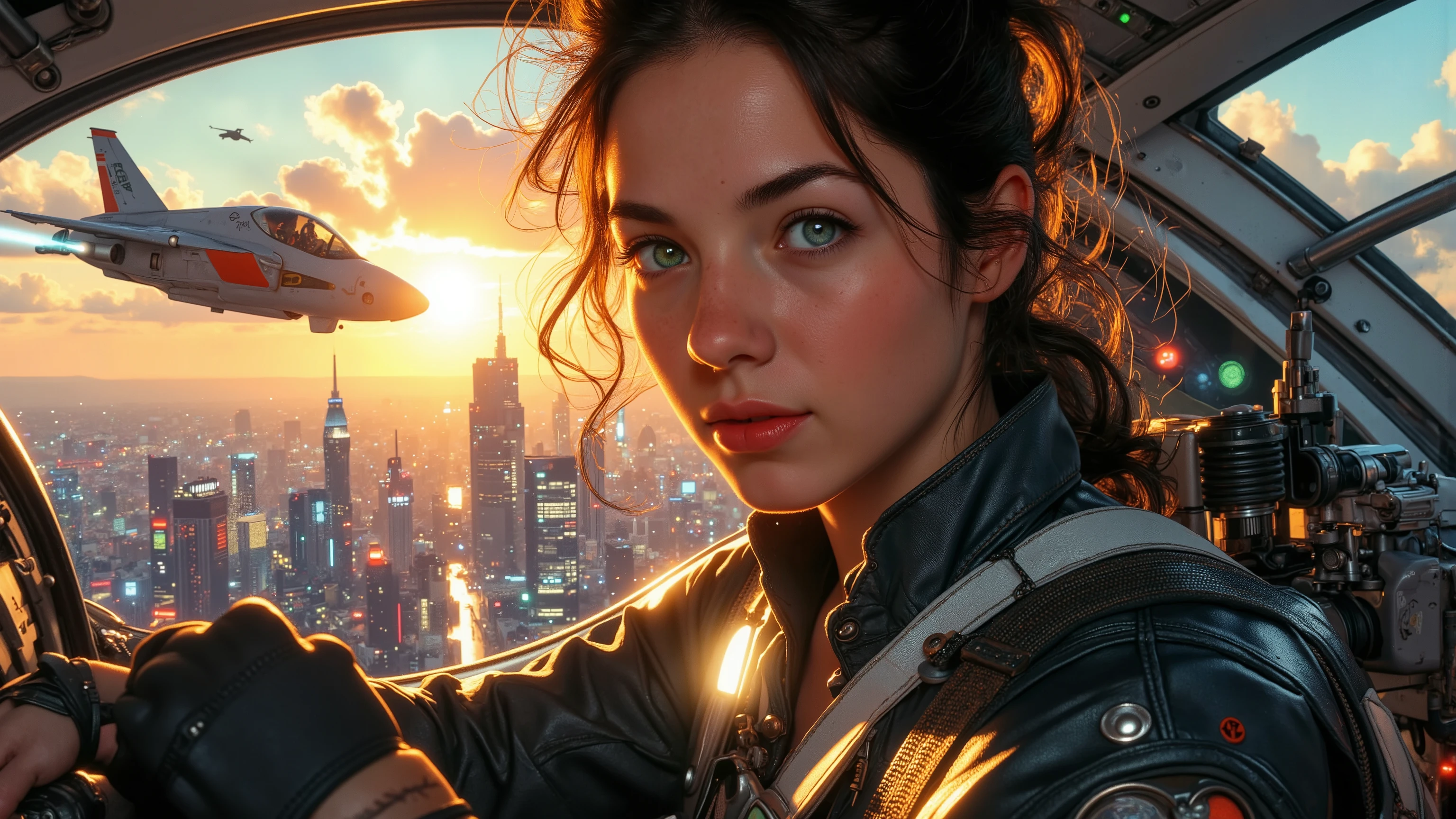 Close-up on a super-powered girl's determined face as she pilots her sleek light ship through the golden hour sky. Her eyes aglow with energy, she grips the controls with focus. The warm sunlight casts a glow on her ultra-detailed skin, highlighting pores and sharp definition. The cityscape below stretches out in a panoramic view, framed by the glowing sky and neon lights of distant skyscrapers. The composition is balanced, with the girl at center, as the ship's cockpit window showcases the vast expanse. Sharp light and shadows, ray tracing, DSLR-grade detail, and UHD resolution create an award-winning masterpiece that's truly photorealistic.
