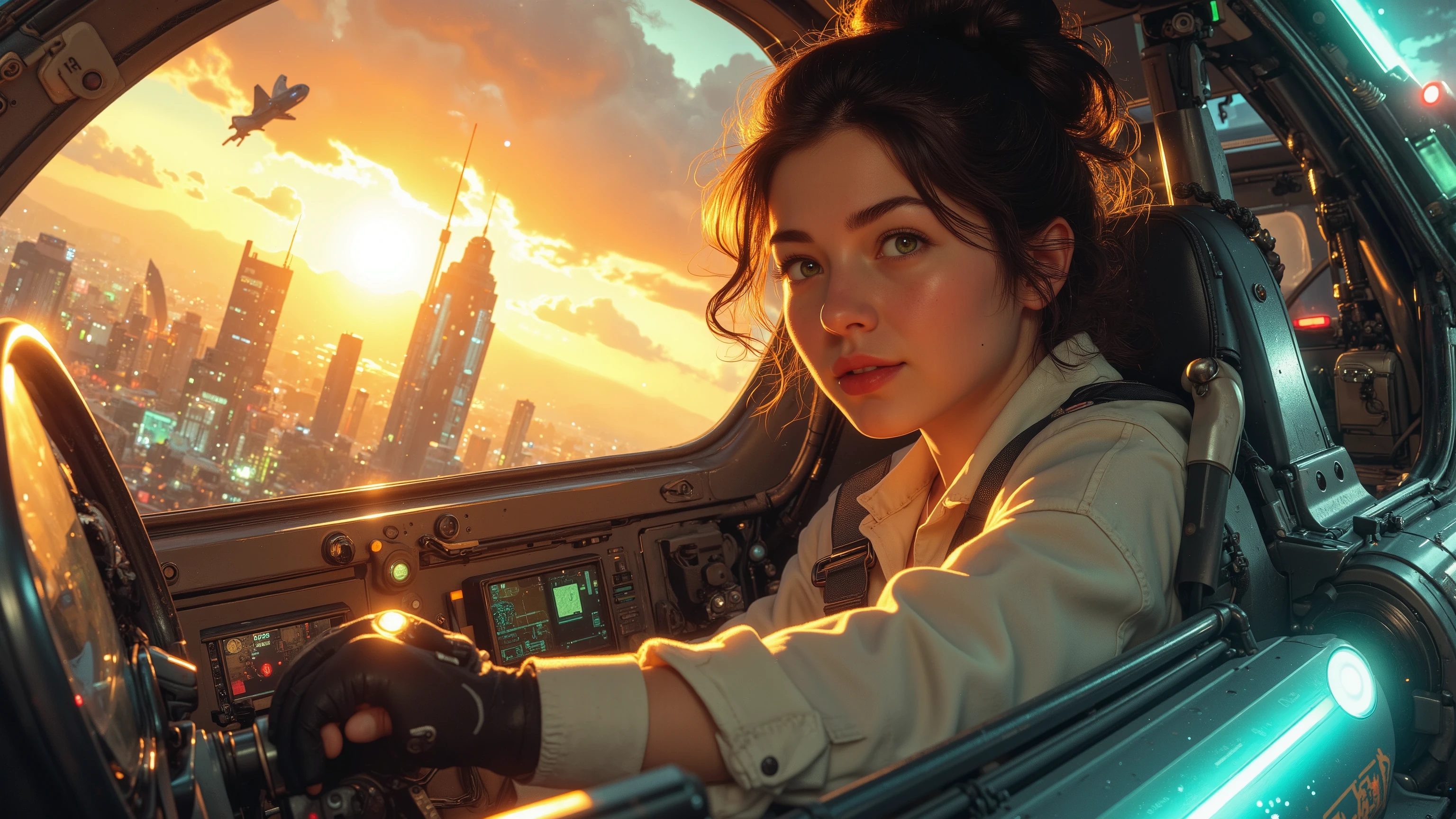 Close-up on a super-powered girl's determined face as she pilots her sleek light ship through the golden hour sky. Her eyes aglow with energy, she grips the controls with focus. The warm sunlight casts a glow on her ultra-detailed skin, highlighting pores and sharp definition. The cityscape below stretches out in a panoramic view, framed by the glowing sky and neon lights of distant skyscrapers. The composition is balanced, with the girl at center, as the ship's cockpit window showcases the vast expanse. Sharp light and shadows, ray tracing, DSLR-grade detail, and UHD resolution create an award-winning masterpiece that's truly photorealistic.