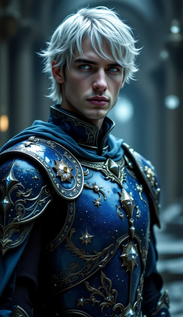 A beautiful man stands in the middle of the creator's room, Full Body Photograph, a figure of majesty and melancholy. Her short hair, of a silvery hue like moonlight on the waters, fall softly upon his brow, framing a face sculpted with celestial perfection. Seus olhos, of a deep and hypnotic glow, carry the weight of farewells, reflecting the infinity and silent pain of those who depart.

Your armor is a heavenly masterpiece—a set of light and elegant plates, forged in sapphire with diamond details. The dull shine of the metal echoes the light of dawn, while ancient engravings of stars and laments adorn each piece, telling stories of souls guided to the beyond. On your shoulders, a long, flowing cape descends to the ground, shivering like mist on a cold night.

