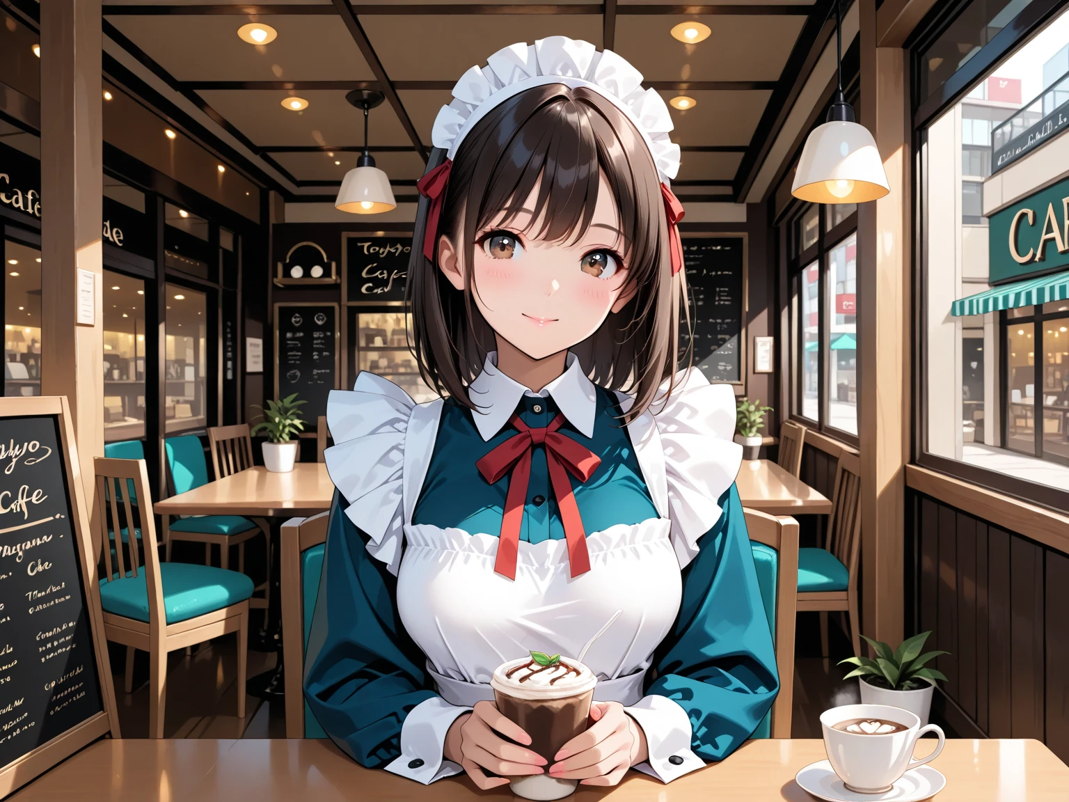 (Highest quality), beautiful woman,  maid, in cafe, tokyo, 