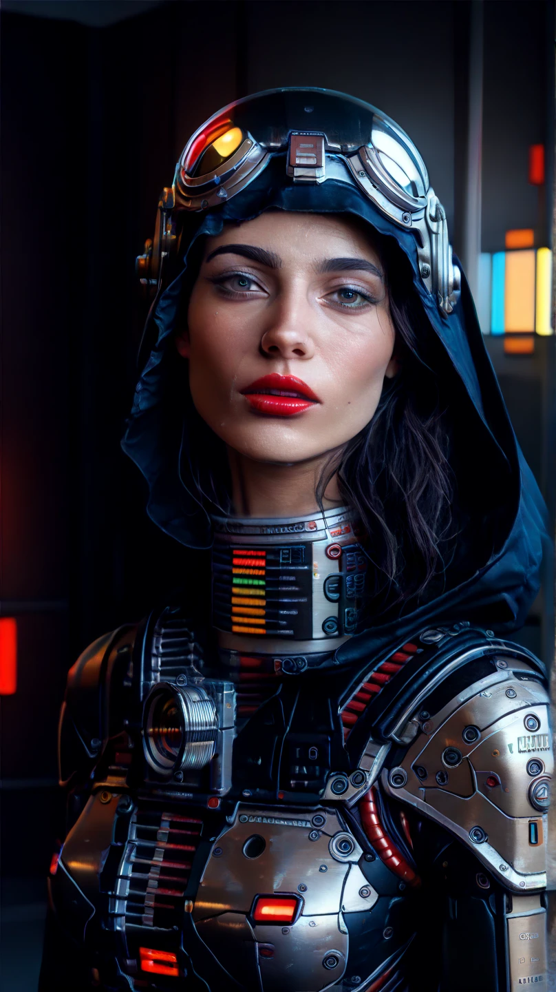 (Hyperreality: 1.9), (refined details: 1.3), (high definition: 1.9), (high detail: 1.3), (high aesthetics : 1.9), (Score 9, score 8 up: 1.9), (complex details: 1.3) (Bright colors: 1.5), perfectly crafted details , (xtremely high quality RAW photograph: 1.9), Looking at Viewer, Badass Closeup Portrait of a white perfect skinned translucent Mecha woman wired-Cyborg with high collar linen cape, mechanical implants, mechanical parts, Large outworn Linen Hood, Glossy wet lipstick, retro Vintage, vibrant translucent Red/beige,1980s, Futurescape, Spaceage mechanical, soft shadows, atmospheric haze, very detailed raw photo,  high detailed texture, 8k uhd, dslr, soft lighting, atmospheric haze, Film grain, cinematic film still, shallow depth of field, highly detailed, high budget, cinemascope, moody, epic, OverallDetail, gorgeous, 2000s vintage RAW photo, candid camera, color graded cinematic, eye catchlights, atmospheric lighting, skin pores, imperfections, natural, shallow dof
