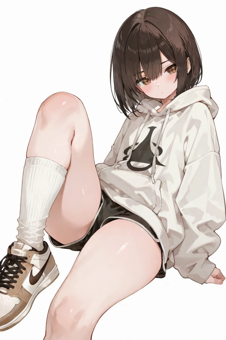 (((masterpiece, best quality, ultra highres, 1 girl, solo, no background))), super detailed skin and face and eyes and finger, beautiful japanese woman, small breasts:1.5, skinny, light brown hair, white background, very short curly pixie hair, (an illustration of girl), Knee shot, Generate with illustrations, Various expressions, Various poses, Please draw the entire character within the frame, ensuring that the head, arms, and legs are not cut off. The background should be simple, with the character positioned centrally, outline, anime, underwear, hoodie,