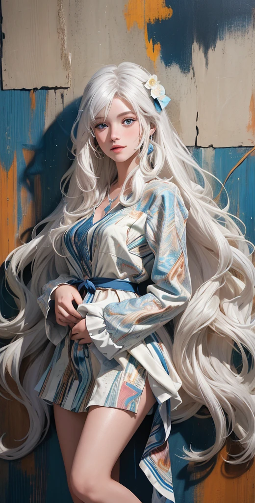 ((masterpiece:1.2, photos)), ultra detailed,   ultra-accurate representation ,  Ultra detailed representation, (tangled:1.2), (dynamic pose), (abstract background:1.5), long wavy hair, white hair, blue eyes, 1 girl, Quite pregnant at 9 months, colorful, portrait, ( from above:1.2)