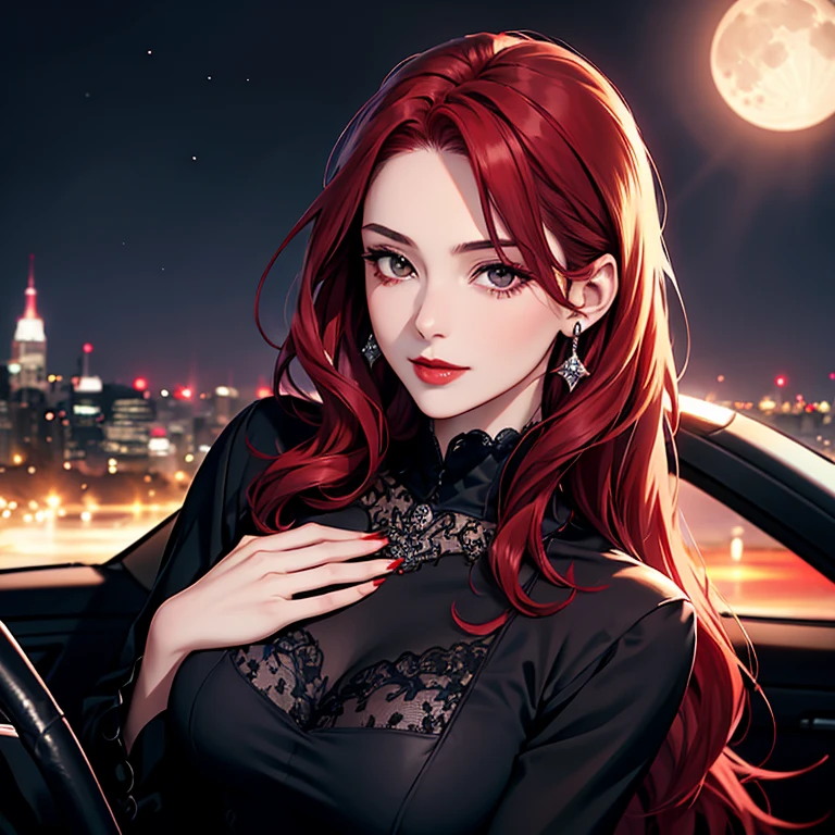 Portrait, ((vivid red hair)), mature woman, 30 years old,  features a diamond face , moon, red starry sky background, depth of field, magic, Big red lips , ((dark black eyes)) black and red long full dress, Covered chest, mysterious atmosphere,  ominous shadows ,  Intense Blue Aura , intense red aura (top quality:1.2), absurdres, intricate details, (very detailed skin:1.2), Smile Expression , pose, Tight, well-defined body, attractive.  very realistic , pale skin, beautiful in the car, surrealism, Very delicate skin, direct gaze
