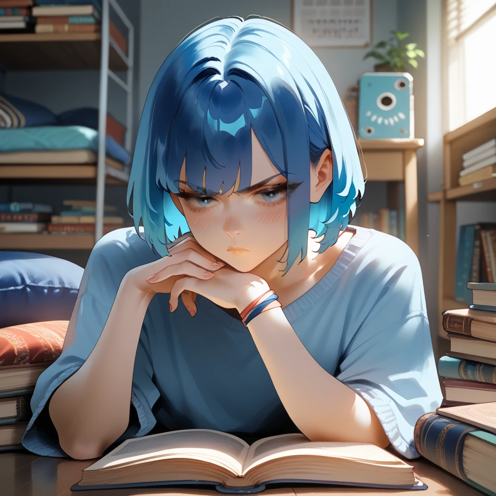 Blue hair, Bangs, Short Hair, female, dorm room_setting, Blush, Serious, hand band, 1girl, book, adult, 25 year old