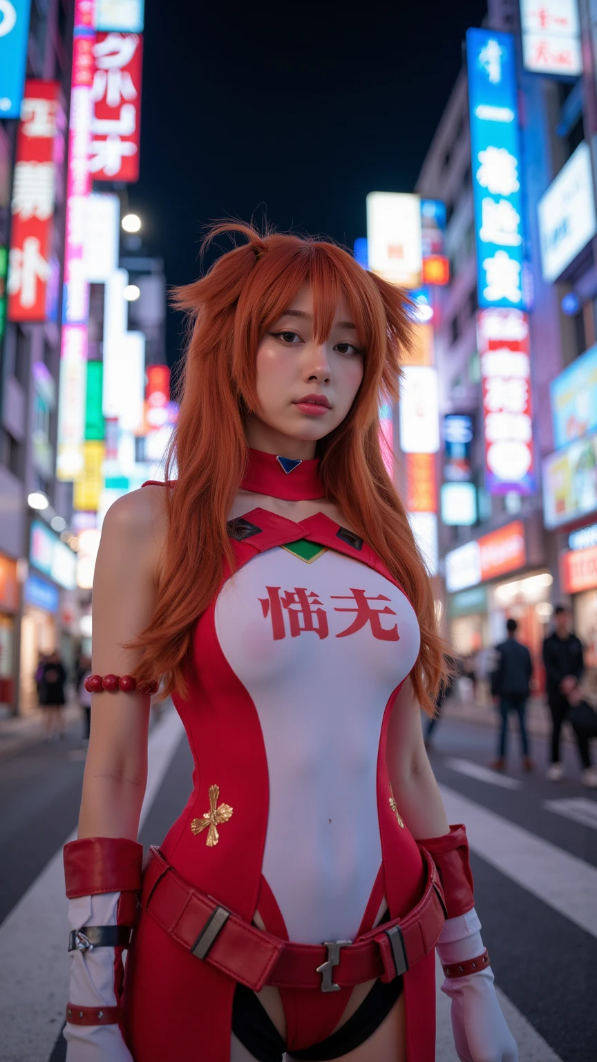 best image quality、top quality、high resolution、masterpiece、pictures、 upper body、stand、front、1 Japanese girl、
Asuka Cosplay、
Akihabara Background