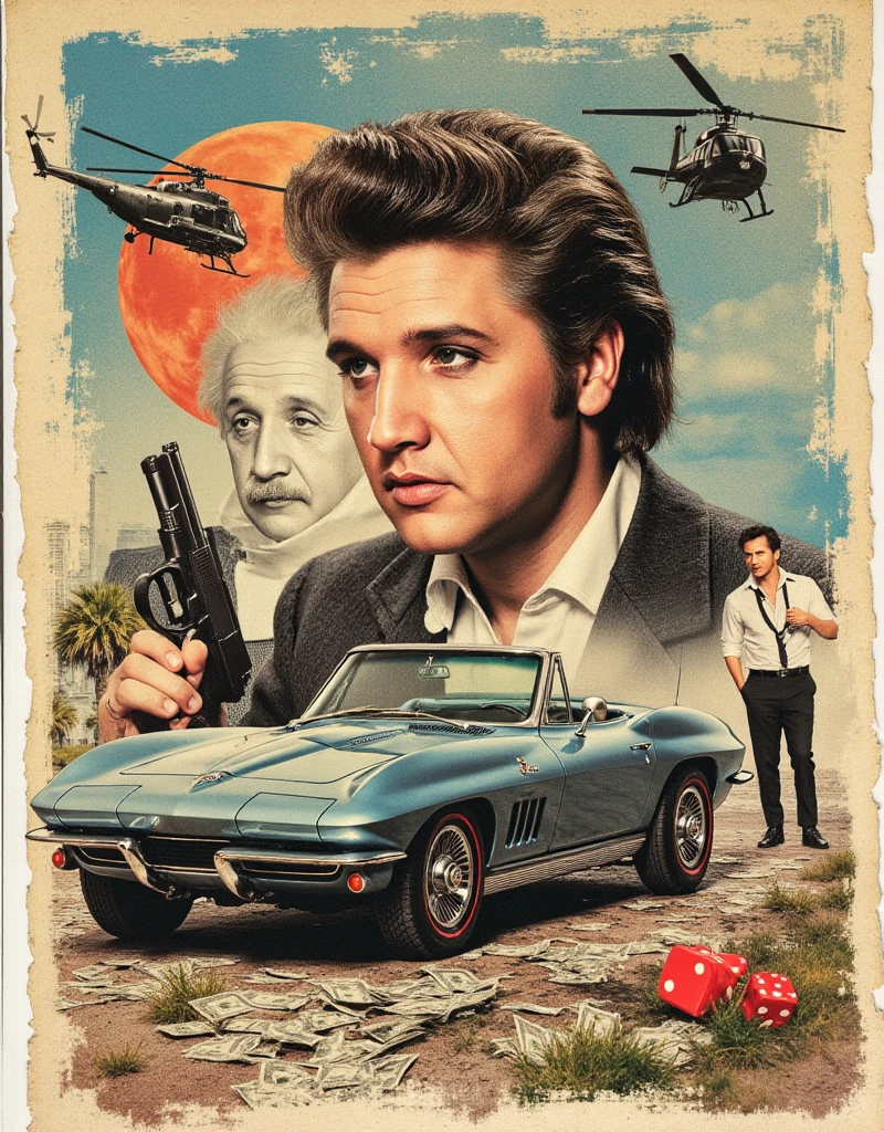 Masterpiece, high resolution, ultra sharp, vintage collage, authentic newspaper scraps, handsome elvis presley close up with a gun prominant on top of poster, (einstein standing near the car), movie poster cinematic, surreal, palm trees, there is a 69 corvette, pastel color, an army helicopter, set up an aesthetic collage, ian fleming inspired, atomic explision, black and white mixed with color, add dollars flying around, dice, showgirls in costume