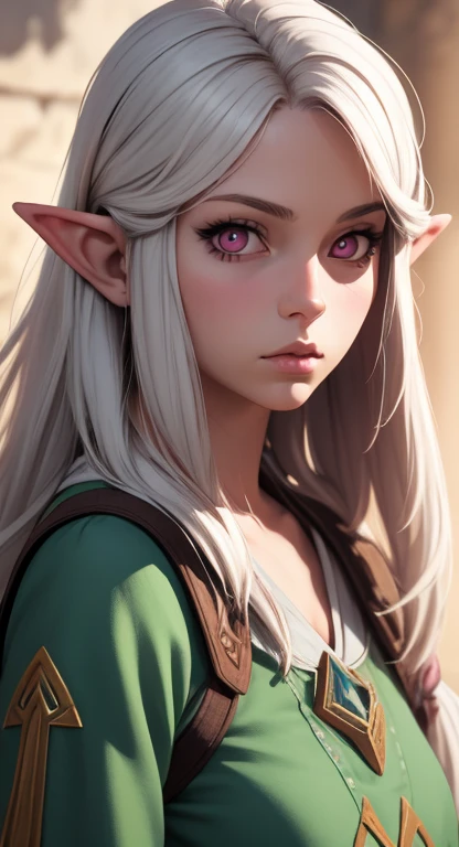 Extremely realistic shading, masterpiece, extremely detailed, photorealistic, young Hylian woman, Saria, long white hair, pink eyes, ancient tunic, covered, looking at viewer, 