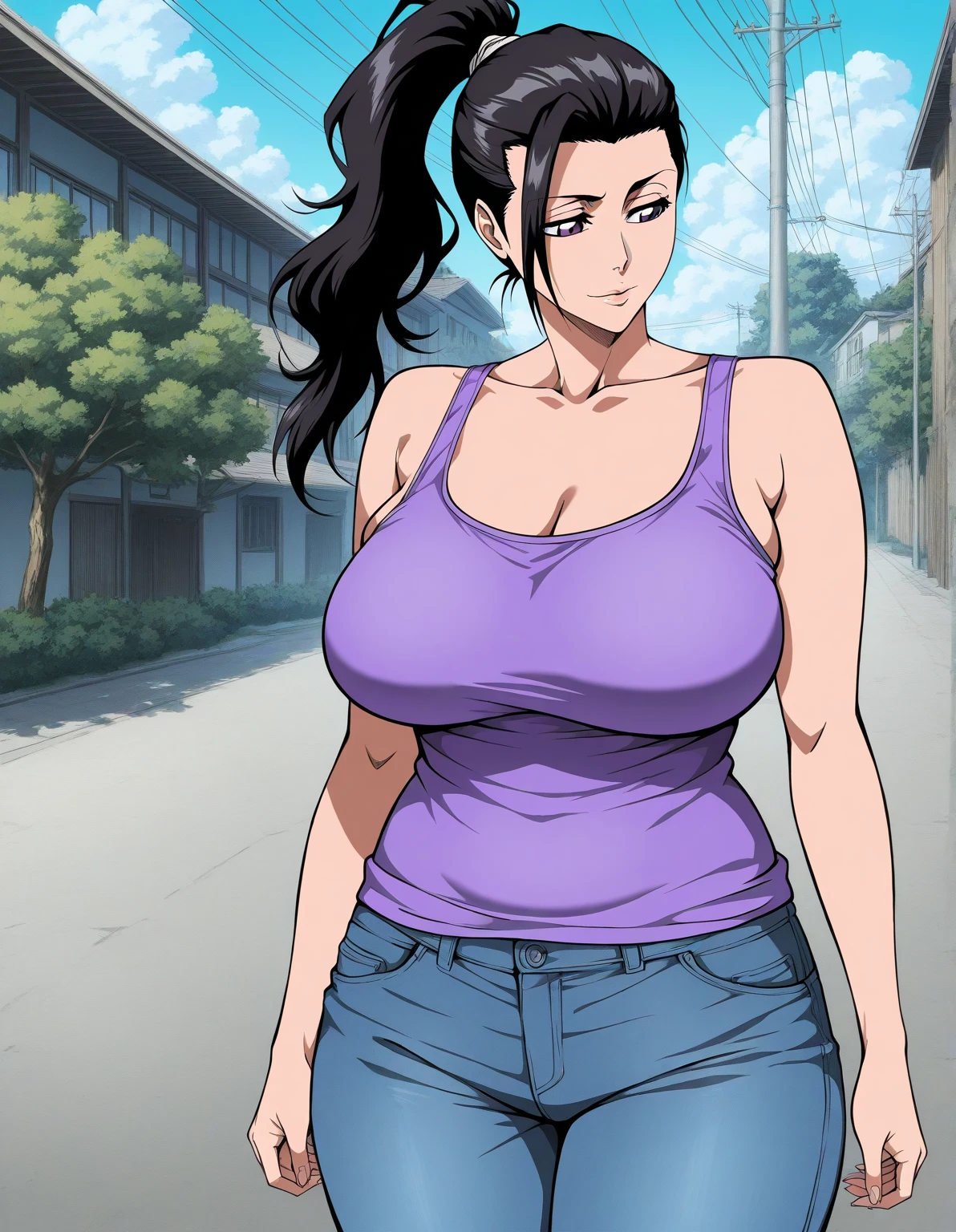 masterpiece, absurdres , (intricate details), (colorful),cinematic lighting,extremely detailed CG unity 8k wallpaper ,hinata\(boruto\), 1milf, mature soft expressions, short-hair, ((black tank-top),(denim hotpants)), (sleeveless), huge breasts,bracelet,wedding ring, cowboy shot, looking back, looking at viewer,smile, red lips, (1arm swaying hair:1.2), outdoors, lavender flower field,flower, day, cloudy sky, wind, floating hair, falling petals, anime screencap,BREAK, surrounded by black guys,