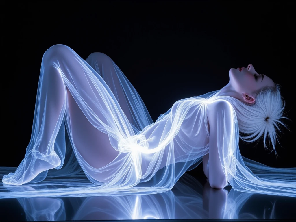 beautiful girl, bikini, sitting on her knees, looking down, there is complete darkness around, on the floor is her reflection, the girl is glowing with bluish light, she is translucent, 