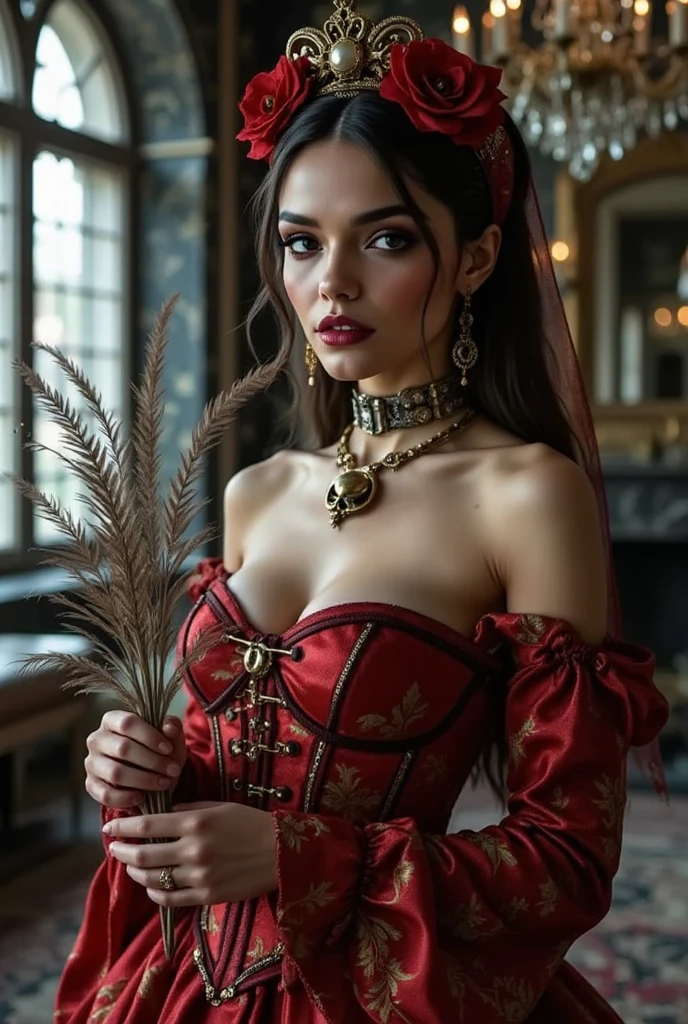 Large-chested woman dressed in ornate red and white clothing with jewelry