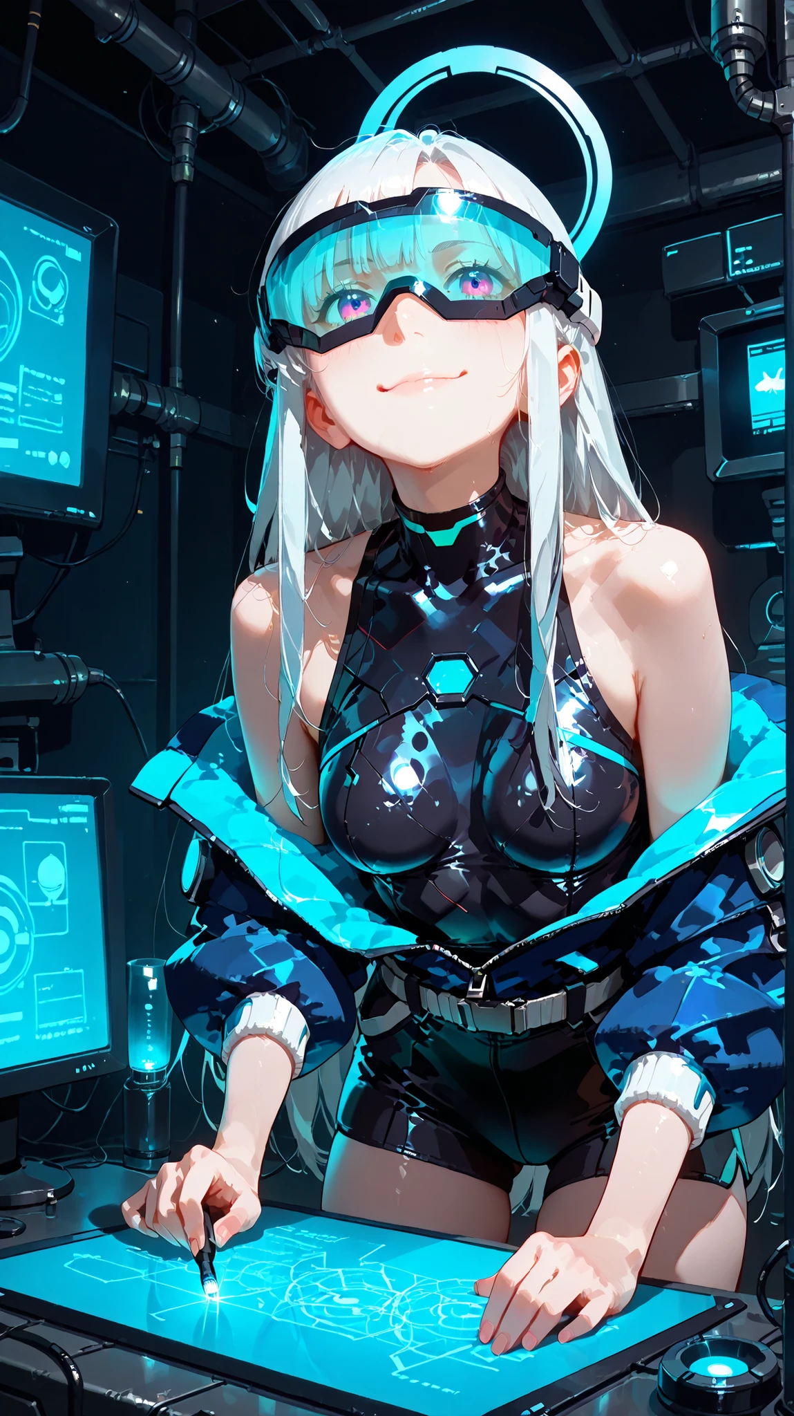 1 girl, alone, very long hair, white hair, closed his mouth, smile, head-mounted visor, monitor, dark, Brushing, tilt your neck. stunningly beautiful holographic AI assistant, shines in futuristic shades of blue and silver, Slick and sophisticated, stylish , form-fitting costume with sparkling digital patterns. Her hair flows softly , with a gentle holographic glow. Background、A futuristic control room full of advanced technology and holographic displays. She looks like she's reading brainwaves and emotions, With a quiet, empathetic expression,, ready to provide the best solution and support. very detailed, Super Real, 8k resolution, Combining cyberpunk aesthetics and elegance.