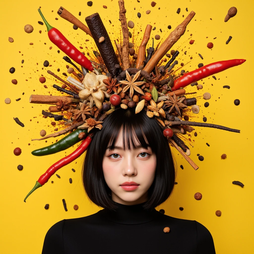 A surreal CD album cover featuring a girl with a straight black bob haircut and bangs, wearing a black outfit. She is standing against a vibrant yellow background. Surrounding her head is an intense, firework-like explosion of countless colorful spices — chili peppers, cinnamon sticks, star anise, cloves, cardamom pods, and peppercorns — bursting outward in all directions like a vivid, dynamic halo. The spices are scattered in mid-air as if captured in a moment of energetic motion, creating a dramatic, almost cosmic effect. The composition is bold, artistic, and highly detailed. The girl has a calm, slightly melancholic expression. The scene is dreamy, slightly whimsical, and mysterious, with a subculture-inspired CD album cover aesthetic. No text or logo.