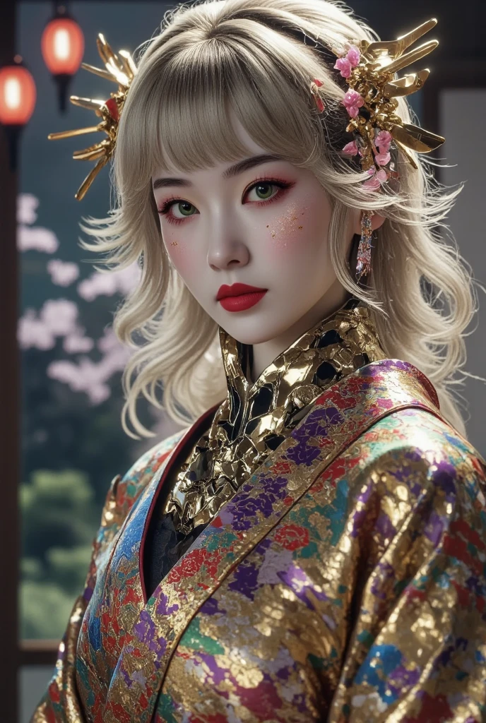  The background is gorgeous gold at night、Gorgeous Yakuza、Red lanterns are lined up、Holding a Cyber Umbrella、Beautiful, Flashy, Gorgeous, Beautiful Girl, Sexy Flower Lady　World's No.1 Gorgeous Flashy Hairpiece　full body shot 　Blonde with Bangs and Green Eyes ,  The Sexiest Flower Girl in the World　Cute White Girl Like an 18-Year-Old Young Model、  beautiful orange lips    , Metal Cyborg Doll,ray tracing、photorealistic,very detailed,   Professional ,bright color,Sci-fi movie quality、Forehead gem, 